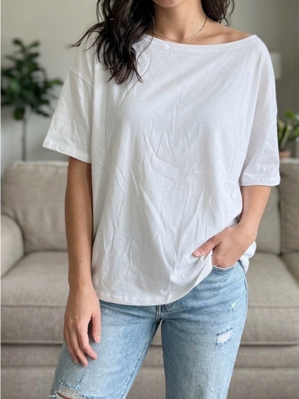Fashion Nova White Off-Shoulder Short Sleeve Tee